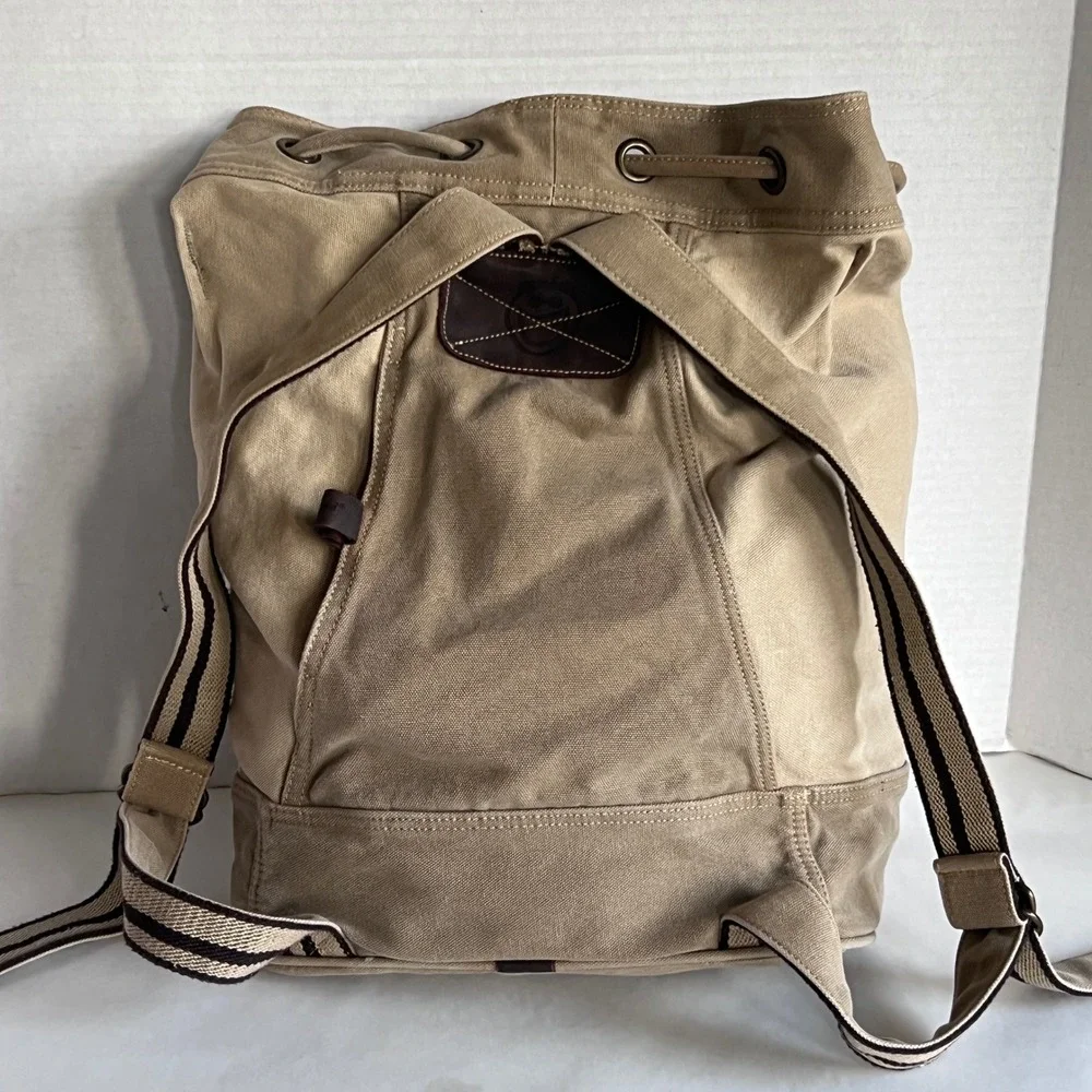 Life is Good Canvas Bucket Backpack Khaki Cotton Leather Trim Drawstring Bag